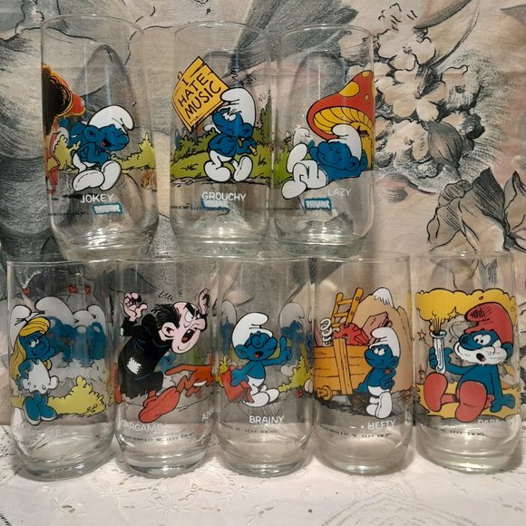 Peyo Smurfs Dining Vintage 982 Smurfs Glasses Set Of 8 Limited